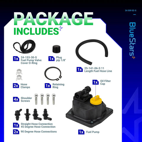 Fuel Pump Kit With Valve Cover And Hose Fittings For Kohler Engines CH18 Through CH25, includes hose clamps and oil fill cap