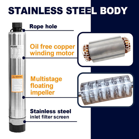 WASSERMANN 4-inch stainless bottom-suction submersible pump with copper winding motor and multistage impeller