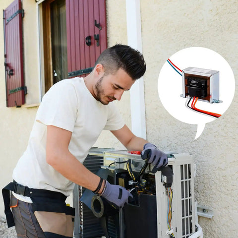 Technician installing 24V 40VA Control Transformer For HVAC And Furnace with 24V Secondary Isolation Primary 120 208 240V Foot Mount Multi Tap