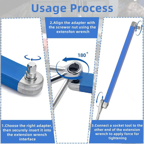 Dirciky offset extension wrench, 15-inch blue tool with 1/2", 1/4" and 3/8" square drive adapters.