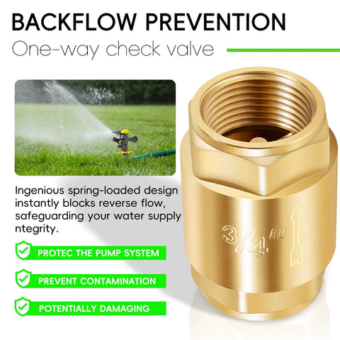 Brass in-line check valve, 3/4 inch IPS, irrigation backflow prevention, close-up view