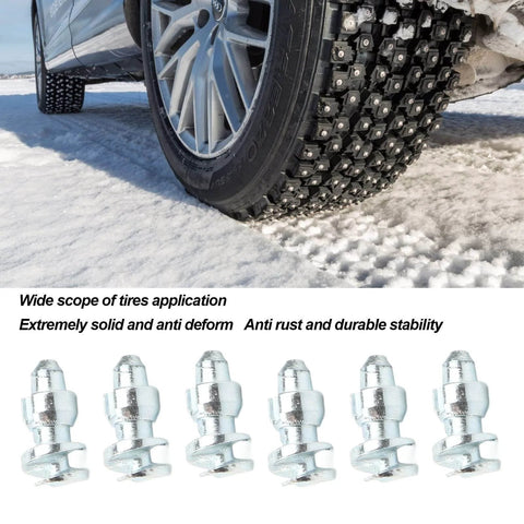 Car tire with installed 50 Pack Anti Slip Tire Studs With Tungsten Steel And Aluminum Screws For Enhanced Traction