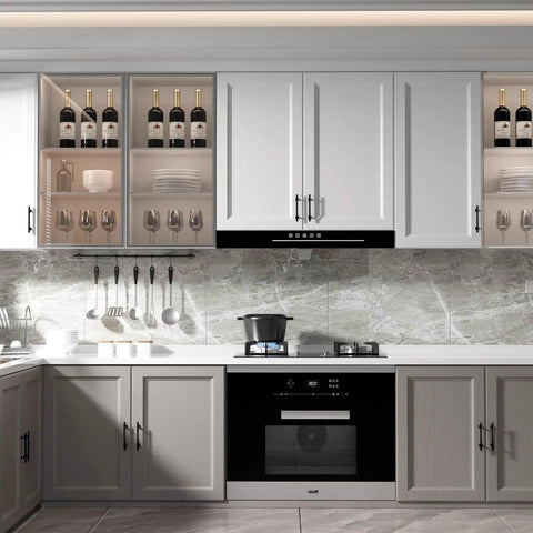 Modern kitchen with Matte Black 5 Inch Cabinet Pulls 10 Pack Modern T Bar Handles on white cabinets.