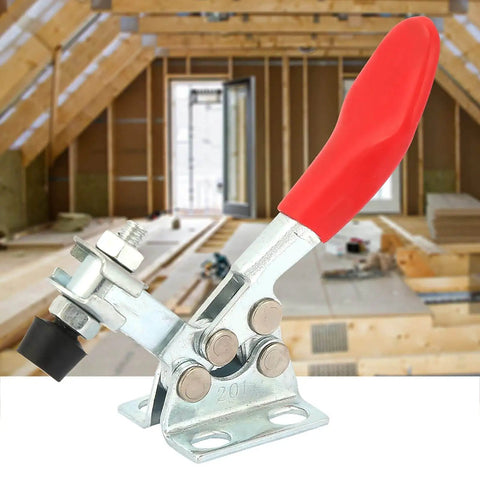 Heavy Duty Horizontal Toggle Clamp For Woodworking, Welding And Assembly in an unfinished room, showing side view