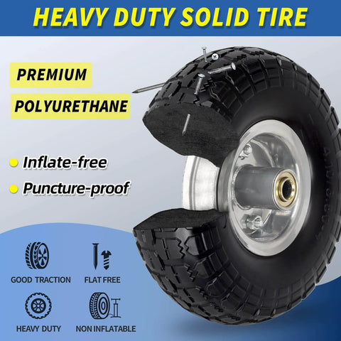Flat Free Solid Tire And Wheel Set For Hand Trucks And Garden Carts, 10 Inch Diameter, cut section showing solid polyurethane material