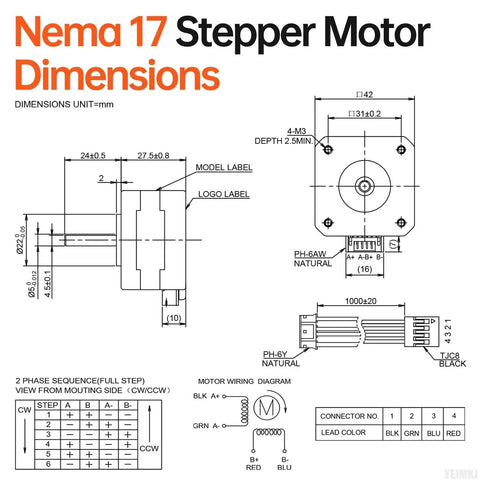 Rugged Nema 17 Stepper Motor Pack For 3D Printers And CNC Machines High Torque Bipolar 2-Phase 1.8 Degree dimensional diagram