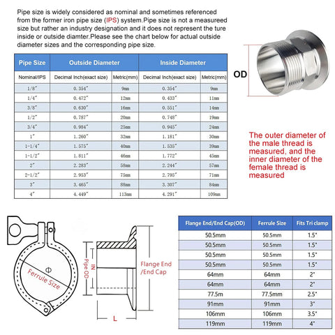 LOZOME 1.5 in sanitary tri-clamp to NPT 1-1/4 in hex male thread adapter, 304 stainless steel.