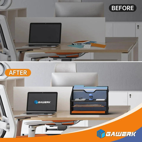Before and after desk setup with Sturdy Metal Mesh Letter Tray Organizer For Your Desk With 3 Paper Trays And 2 Vertical Uprights.