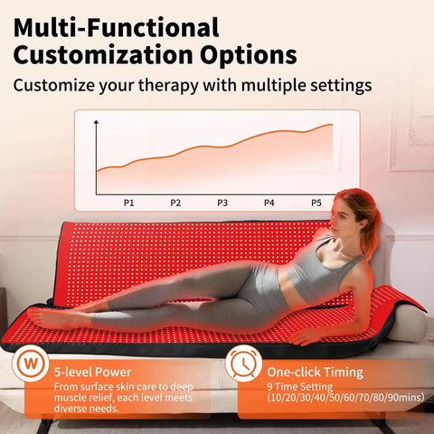 Woman using Full Body Red Light Therapy Mat With 2704 LEDs Dual Wavelength 660nm And 850nm for muscle recovery on couch