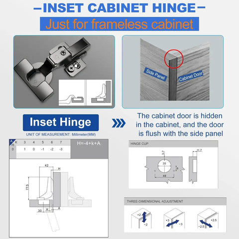 Inset Soft Close Cabinet Hinges for Frameless Kitchens, diagram showing hinge specifications and installation guide