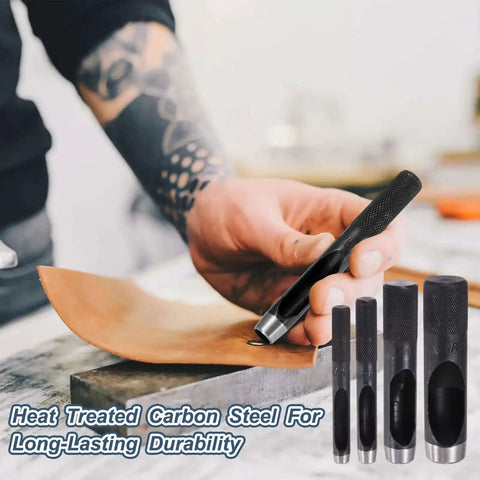 Hand using Leather Hole Punch 25mm Hollow Round Puncher Cutter Carbon Steel Pro Grade Tool on leather sheet