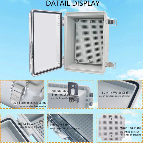 Heavy Duty Waterproof Junction Box For Outdoor Electrical Projects With IP67 Protection, ABS Plastic, Stainless Steel Latch, Hinged Cover