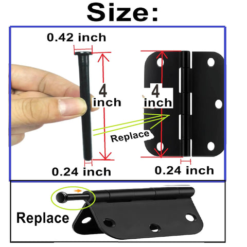 Six Pack 4 Inch Interior Door Hinge Pins For Replacement Doors With Oil Rubbed Bronze Finish And Black Color Option Includes Screws Easy Install Durable Steel Pins For Smooth Quiet Door Closing By ZDingTech, showing size measurements and replacement view.