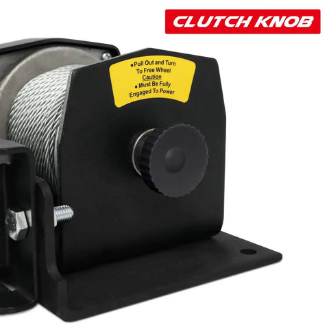 Clutch knob close-up on 2500Lb 12V Electric Winch With Waterproof Steel Cable, Wired Remote Control And Mounting Plate For ATV UTV Towing.