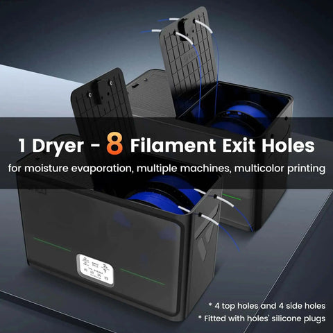 3D Printer Filament Dryer S4 showing open top, 4 spool capacity, filament exit holes, and digital display, black