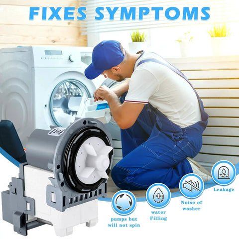 Washer drain pump unit with gray housing and white impeller, being installed in a front-load washer