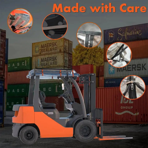 Universal Forklift Rain Cover Up To 6000lb Waterproof Rollable Clear EVA Shield installed on forklift in shipping yard