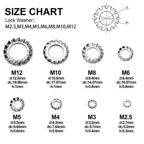 Star lock washer set, eight sizes M2.5–M12, 304 stainless steel, external multi-tooth design