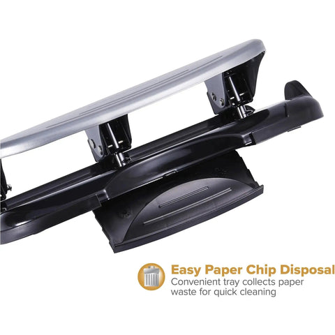 EZ Squeeze Three Hole Punch with No Jam Technology, showing paper chip disposal tray, heavy-duty black and silver design, home office use