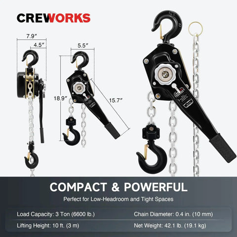 3 Ton Manual Lever Chain Hoist With 10 Ft Lift G80 Chain Swivel Hooks Heavy Duty showing multiple views with dimensions