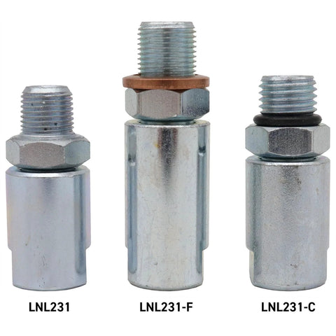 LockNLube LNL231 inline grease hose swivel set: three 1/8 NPT metal fittings (LNL231, LNL231-F, LNL231-C)