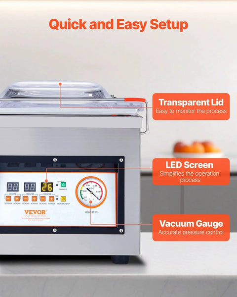 Chamber Vacuum Sealer For Wet Foods And Meats Powerhouse 320W Sealing, transparent lid, LED screen, vacuum gauge visible.