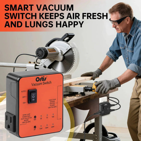 Automatic Vacuum Switch For Two Tools Ortis Plug In Dust Control Autoswitch with saw in workshop, orange unit, man working