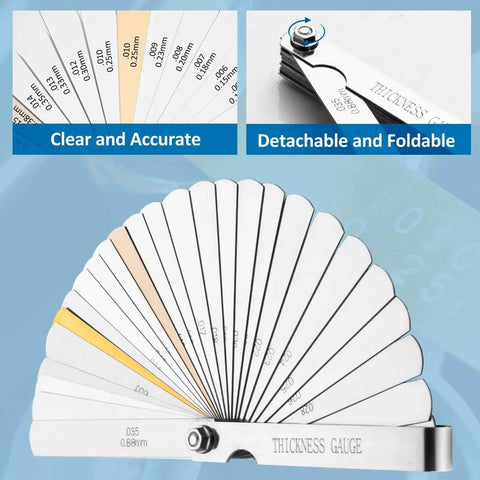 Feeler Gauge Set Stainless Steel 32 Blades Dual Marked Metric And Imperial 0.04 To 0.88 Mm 0.0015 To 0.035 Inch Thickness Gauges
