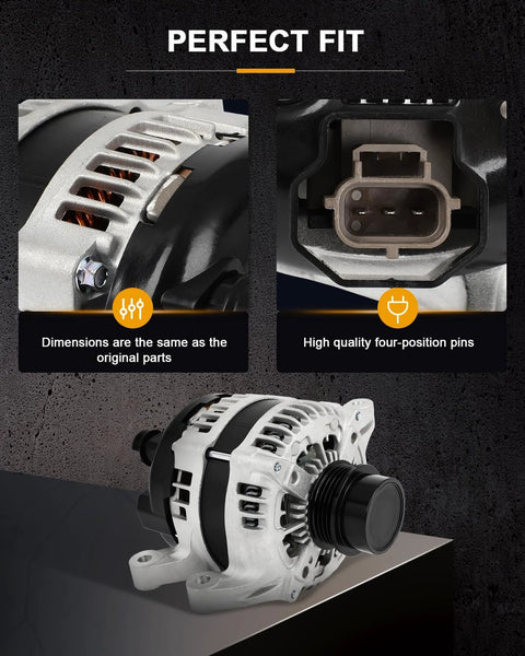 Alternator Replacement Compatible With Ford Edge 2015 2016 Fusion 2013 2020 Taurus 2013 2017 Lincoln MKC 2015 2019 Lincoln MKZ 2013 2020 Direct Plug And Play Fit High Output OE Style Replaces 11665 showing front and side views with plug pins visible.