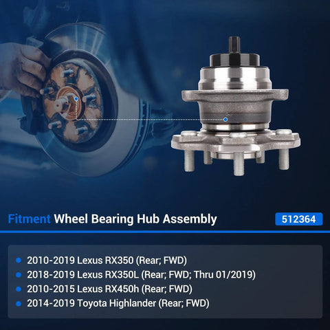 Rear Wheel Bearing And Hub Assembly For Toyota Highlander 2014 To 2020 And Lexus RX350 RX350L RX450h 2010 To 2019 With ABS 5 Lug FWD