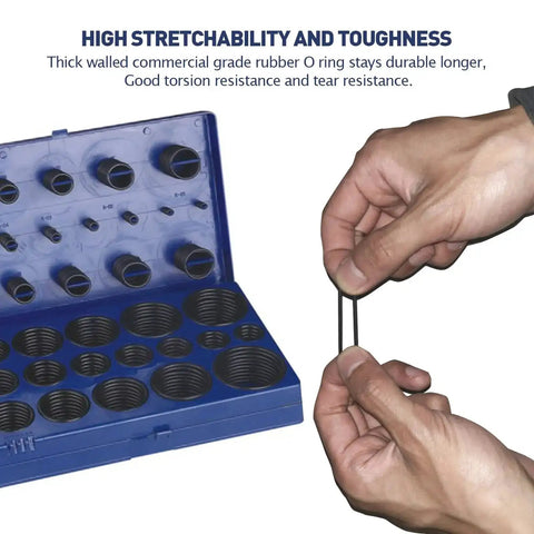 Hands holding O-ring from 32 Sizes Metric O Ring Kit NBR Buna N Nitrile Rubber Gaskets For Automotive Plumbing And Faucet Repair Blue 419 Piece Assortment Must Have.