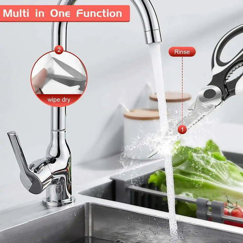 Heavy Duty Kitchen Scissors Set washing under faucet, demonstrating multi-function use for vegetables and stainless steel blades