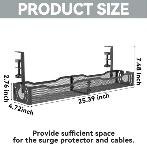 No-Drill Under Desk Cable Tray Organizer, 25.3 Inch Metal Wire Management Tray With Clamp Mount For Desks Up To 2 Inches, Black