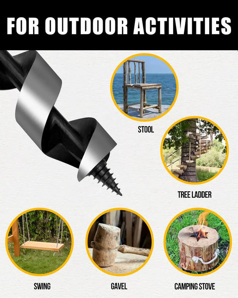 Upgrade Bushcraft Hand Auger 10 Inch Scotch Eye Wood Drill showcased with outdoor projects like a stool, ladder, and swing.