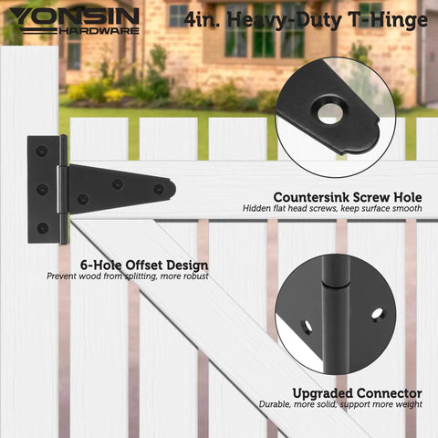 4 Inch T Strap Shed Door Hinges 4 Pack Heavy Duty Black Finish for wooden fence gate with countersunk holes and offset design.