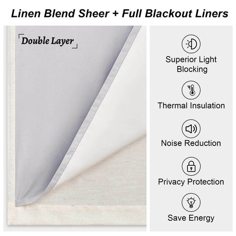 96 Inch Long Natural Pinch Pleated Blackout Curtains With Thermal Insulation And Linen Look showing double layer fabric.