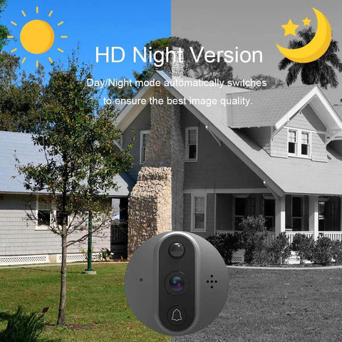 Smart Peephole Doorbell Camera with WiFi, 960P Video with night vision feature on display against a house background
