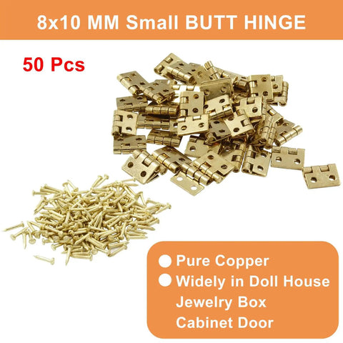 Tiny Brass Hinges Pack Of 50 Pieces Measuring 0.31 By 0.39 Inches For Mini Cabinets Jewelry Boxes Dollhouse DIY Craft With Mounting Screws Great For Small Box Hinges And Tiny Cabinet Doors Zorveiio displayed with screws on white background