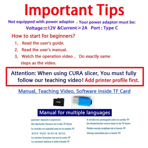 Instructions for using the Mini 3D Printer for Beginners, highlighting power requirements and setup tips, shown with TF card.