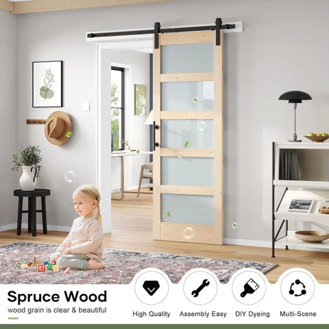 32x84 Inch Glass Sliding Barn Door Slab With 5.5ft Hardware Kit Included, Frosted 5 Panel Glass, Spruce Wood Support, in living room