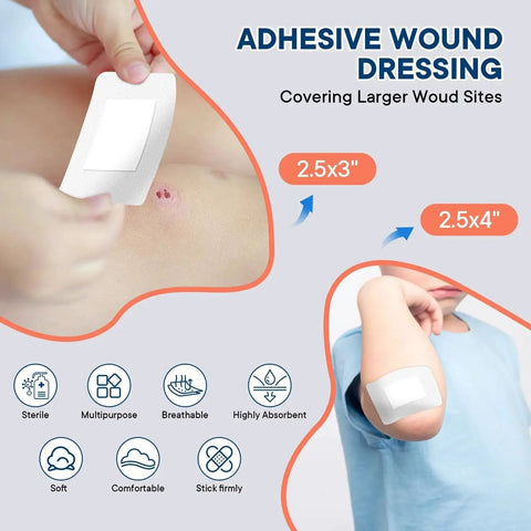 Adhesive wound dressing for larger wound sites from 368 Piece Waterproof First Aid Kit In A Compact Hard Case For Home Car Travel Office Boat Hiking