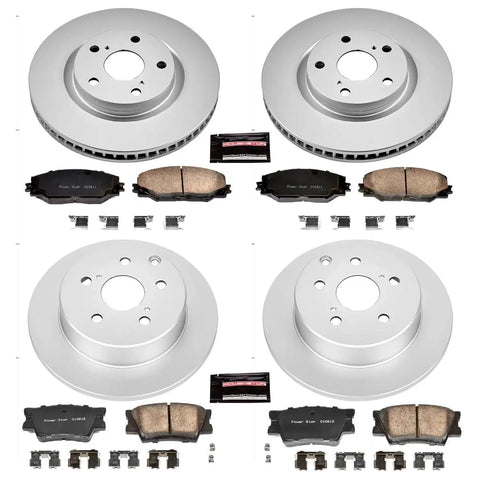 PowerStop CRK4101 brake kit for Toyota RAV4 2006–2018: front/rear fully coated silver rotors, Z17 ceramic pads, hardware.
