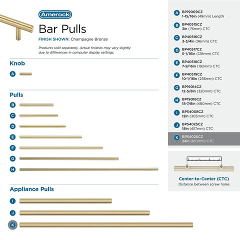 Champagne Bronze bar pulls and appliance pulls, including Champagne Bronze 24 Inch Center-To-Center Appliance Pull for cabinets.