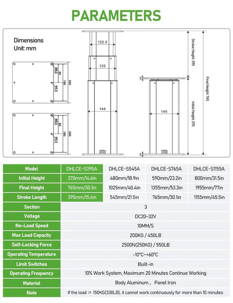 Technical diagram of Electric Lift Table With Motorized Column 450 Lb Capacity Height Adjustable, showing dimensions and specifications.