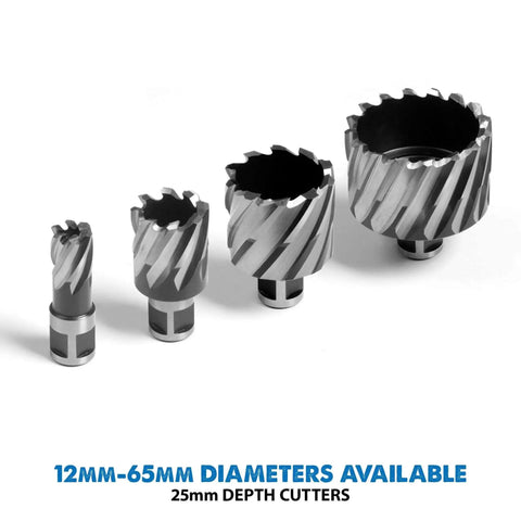 Four annular cutters in various sizes with 12mm-65mm diameters and 25mm depth, shown side by side with a spiral cutting edge design.