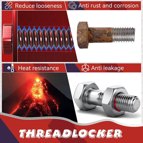 Blue And Red Thread Locker Two Pack For Nuts Bolts And Fasteners Medium And High Strength Prevents Loosening And Leakage On Metal Surfaces 100ml Each Sealing Solution For Vibration Prone Machinery And Equipment For DIY Projects image with product features.