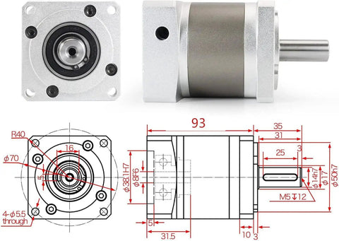 Planetary Gearbox 7 Arc Min Backlash Speed Reducer 50 To 1 Reduction For 8mm Shaft Nema23 Stepper Motor with schematic view