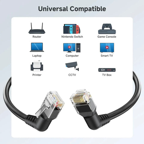 2-Pack 10Gbps Cat6 Ethernet Patch Cable Right Angle With 360-Degree Rotatable Connectors, 1ft Black Cables with device icons