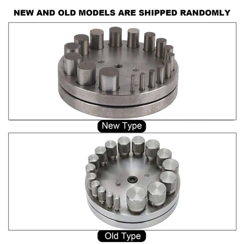 Disc Cutter Set Pro Grade 45 Steel Punch Tool With 17 Dies for Jewelry Making, showing new and old type models side by side in silvery finish.
