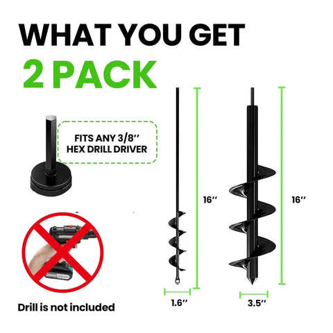 No Fuss Planting Auger Drill Bit Set For Bulbs And Garden Holes 1.6 By 16 Inch And 3.5 By 16 Inch Two Pack Spiral Hole Digger For Umbrella Hole Prep Compatible With Three Eighth Inch Hex Drive K-Brands shown in 2-pack with size dimensions.